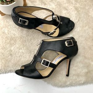 *Jimmy Choo | Distressed Leather Open Toe Heels 8.5